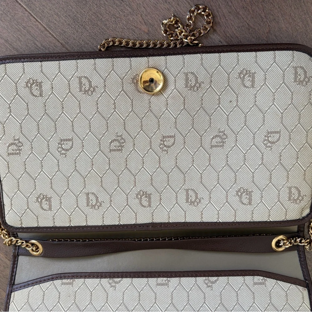 Vintage Dior Brown Leather Clutch with Gold Chain 90s